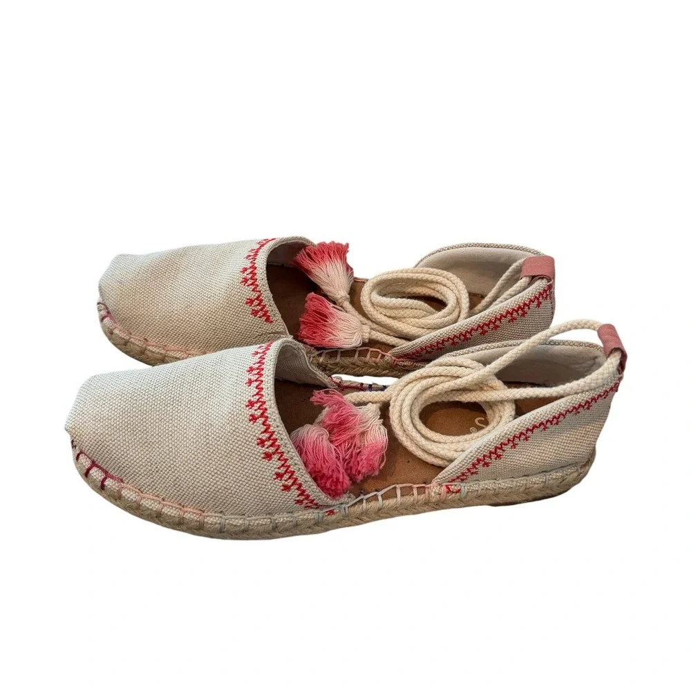 TOMS Valencia Espadrille Flats Cream Canvas Ankle Tie Tassel Womens 8.5